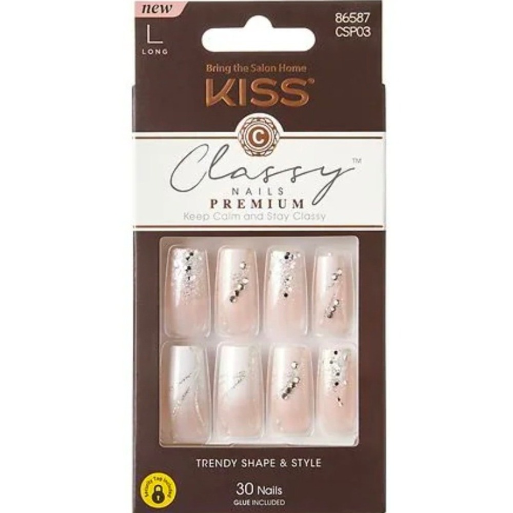 Kiss Classy Premium‎ Press On Nails Long Rhinestone Glitter Ombre 30ct NEW